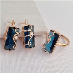 Комплект ювелирной бижутерии коллекция "Дубай" серьги и кольцо 20 р, покрытие позолота, вставка: фианиты, цвет: синий, арт.414.016-20