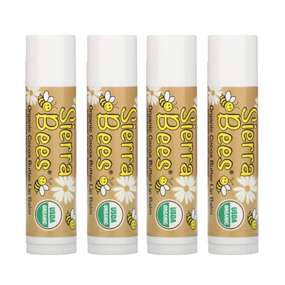 Sierra Bees, Органические бальзамы для губ, какао-масло, 4 штуки в упаковке весом 0,15 унции (4,25 г) каждая