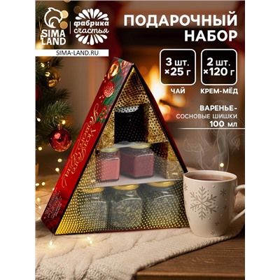 Подарочный набор новогодний «Уютного года» крем-мёд 2 шт. × 120 г, варенье 100 мл., чай 3 шт. × 25 г