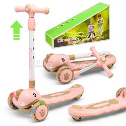 Самокат "Динозаврик" 3-х. кол., колеса PU, розовый, в коробке