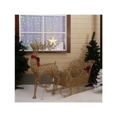 Светодиодная фигура «Олень с санями золотистый», олень: 65×130×27 см, сани: 120×70×45 см, металл, 220 В, свечение тёплое белое