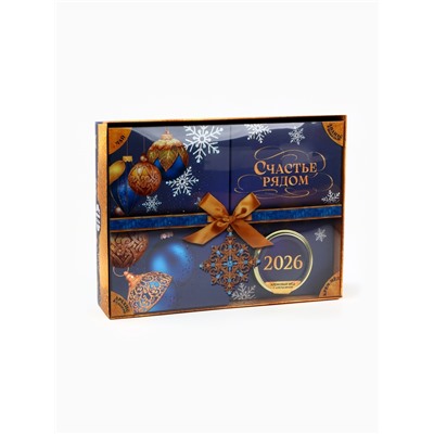 Подарочный набор новогодний «Счастье рядом»: чай чёрный, арахис в шоколаде, ананас в шоколаде, крем-мёд