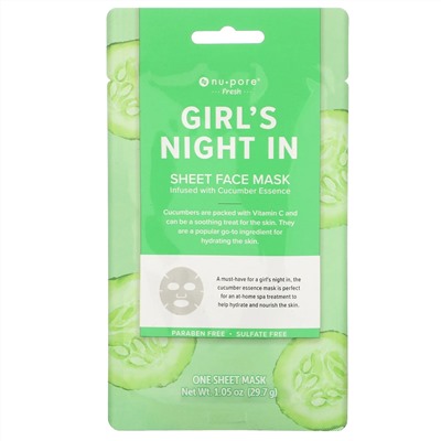Nu-Pore, Girl's Night In, тканевая маска для лица с огурцом, 1 шт., 29,7 г(1,05 унции)
