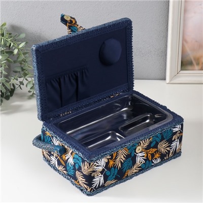 Шкатулка для рукоделия и шитья «Лесные веточки на синем», хранение ниток, иголок, мелочи, 24×16×11 см