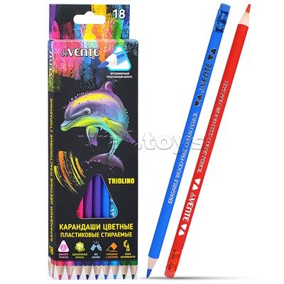 Карандаши цветные пластиковые "Triolino. Erase" стираемые, 18 цветов, 2М, диаметр грифеля 3мм
