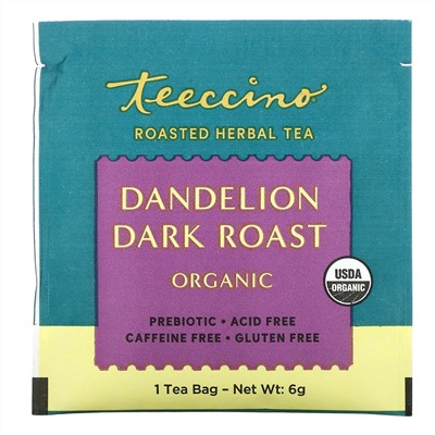 Teeccino, Organic Roasted Herbal Tea, Dandelion Dark Roast, Caffeine Free, 10 Tea Bags, 2.12 oz (60 g)