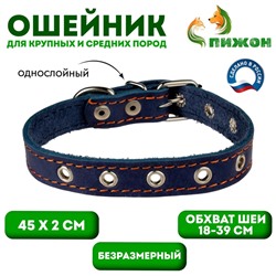 Ошейник кожаный однослойный безразмерный, 45×2 см, ОШ 18-39 см, синий