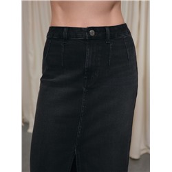 Актуальная коллекция CONTE CON-815 Чёрная джинсовая юбка-midi с вытачками и разрезом