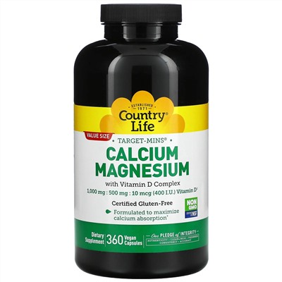 Country Life, Calcium Magnesium with Vitamin D Complex, Gluten Free, 360 Vegan Capsules
