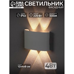 Светильник фасадный «Полусфера», 4 Вт, 3000К, 2 луча, IP65, 220 В, металлический корпус, белый, свечение тёплое белое