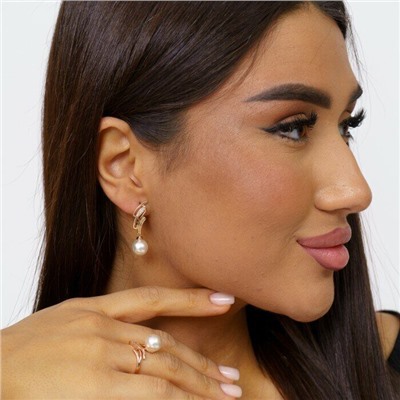 Комплект ювелирной бижутерии коллекция "Дубай" серьги и кольцо, покрытие: позолота, вставка: фианиты и иск.жемчуг, р-р 20, 71621, арт.314.457-20