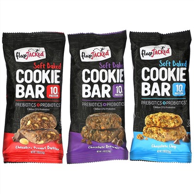 FlapJacked, Soft Baked Cookie Bar Variety Pack,  Chocolate Peanut Butter, Chocolate Brownie, Chocolate Chip, 12 Bars, 1.90 oz (54 g) Each