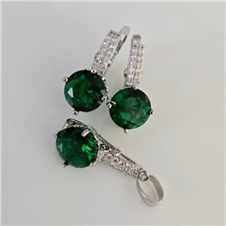 Комплект ювелирной бижутерии коллекция "Дубай" серьги и кулон, покрытие посеребрение, вставка: фианиты и цирконы, цвет: зеленый и прозрачный, арт.414.013