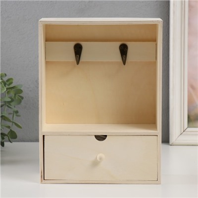 Ключница настенная с ящичком «Прямоугольная», дерево, 2 крючка, заготовка для творчества, 18.5×7×25 см