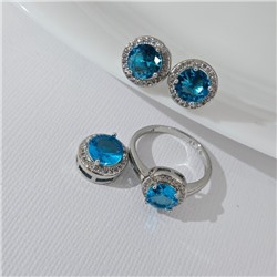 Комплект ювелирной бижутерии серьги, кулон и кольцо 17 р, покрытие посеребрение, вставка: фианиты, цвет: голубой и прозрачный, арт.313.257-17