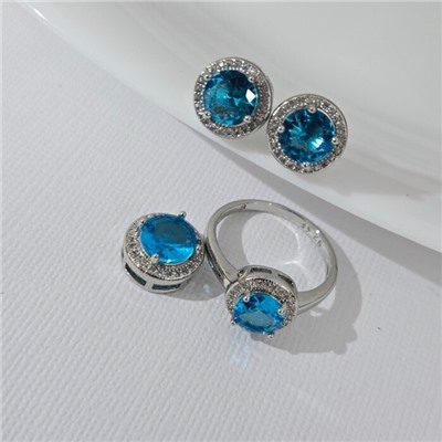 Комплект ювелирной бижутерии серьги, кулон и кольцо 17 р, покрытие посеребрение, вставка: фианиты, цвет: голубой и прозрачный, арт.313.257-17