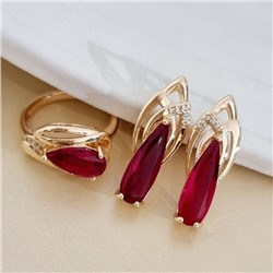 Комплект ювелирной бижутерии коллекция "Дубай" серьги и кольцо 17 р, покрытие позолота, вставка: стекло и цирконы, цвет: рубиновый и прозрачный, арт.313.498-17