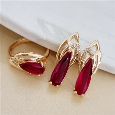 Комплект ювелирной бижутерии коллекция "Дубай" серьги и кольцо 17 р, покрытие позолота, вставка: стекло и цирконы, цвет: рубиновый и прозрачный, арт.313.498-17