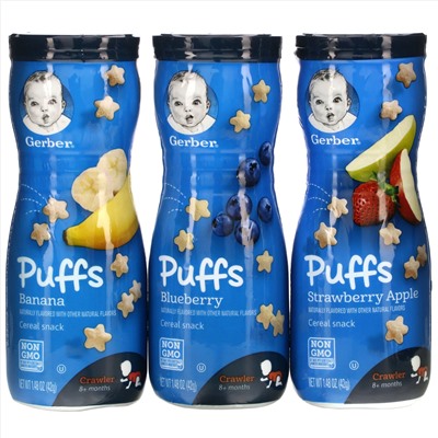 Gerber, Puffs Cereal Snacks,  8+Months, Blueberry, Banana, Strawberry Apple, 8 Count, 1.48 oz (42 g) Each