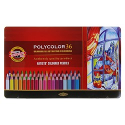Карандаши цветные художественные 36 цветов, Koh-I-Noor 3825 PolyColor, мягкие, в металлическом пенале