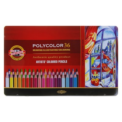 Карандаши цветные художественные 36 цветов, Koh-I-Noor 3825 PolyColor, мягкие, в металлическом пенале