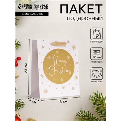 Пакет подарочный новогодний ламинированный «Золотые снежинки»,18×23×10 см