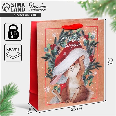 Пакет подарочный новогодний крафтовый «С Новым годом», M 26×30×9 см
