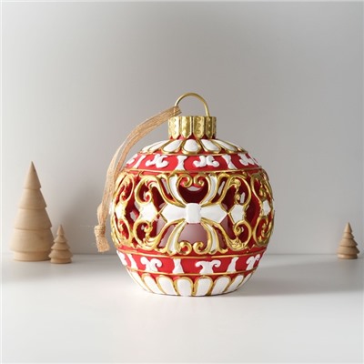 Фигурка-подвеска световая полистоун «Новогодний шар красный с белыми узорами», ёлочная игрушка, 16.5×16.5×20 см
