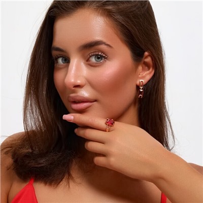 Комплект ювелирная бижутерия коллекция  "Дубай" серьги и кольцо 19 р, покрытие: позолота, вставка: фианиты, цвет: малиновый, арт.217.308-19