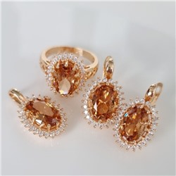 Комплект ювелирная бижутерия коллекция  "Дубай" серьги, кулон и кольцо 17 р, покрытие: позолота, вставка: фианит, цвет: бежевый и прозрачный, арт.313.095-17