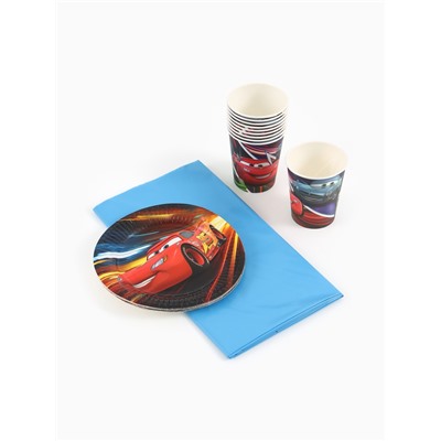 Посуда одноразовая бумажная на 10 персон: стаканы, тарелки, скатерть, Тачки