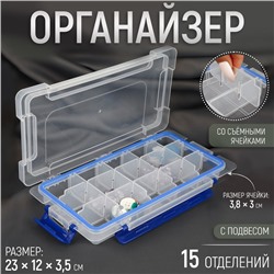Органайзер для хранения мелочей, с подвесом, 15 ячеек, 23×12×3.5 см, прозрачный, синий