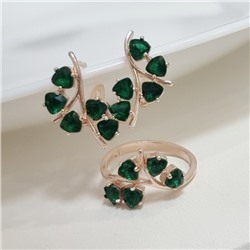 Комплект ювелирной бижутерии коллекция "Дубай" серьги и кольцо 17 р, покрытие позолота, вставка: фианиты, цвет: зеленый, арт.215.496-17