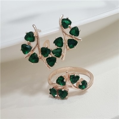Комплект ювелирной бижутерии коллекция "Дубай" серьги и кольцо 17 р, покрытие позолота, вставка: фианиты, цвет: зеленый, арт.215.496-17