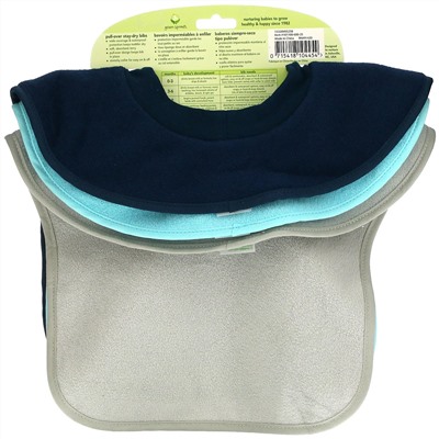 Green Sprouts, Pull-Over Stay-Dry  Bibs, 9-18 Months, Blue, Aqua and Gray, 3 Pack