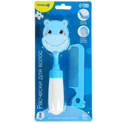 Расчёска детская, щётка для волос в наборе с погремушкой «Бегемотик»