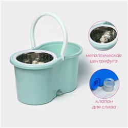 Швабра с отжимом и ведром с металлической центрифугой Доляна, 14 л, запасная насадка из микрофибры, колёсики, МИКС