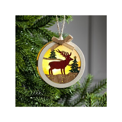 Ёлочная игрушка «Шар с оленёнком», 10×10×3 см, от батареек, свечение тёплое белое