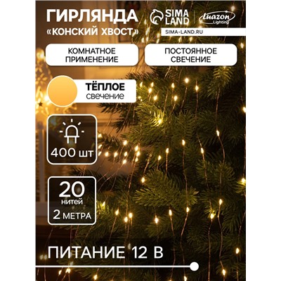 Гирлянда «Конский хвост» 20 нитей по 2 м, IP20, медная нить, 400 LED, свечение тёплое белое, 12 В