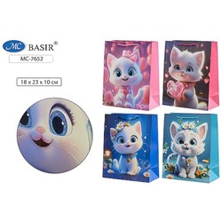 Пакет бумажный 18х23х10 см "КОТЯТА" МС-7652 плотный,цветной с рисунком-объемная аппл. с блестками,ассорти Basir