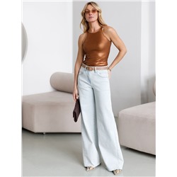 Топ с закрытым декольте из хлопка с эластаном в рубчик с матовым покрытием металлик