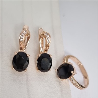 Комплект ювелирной бижутерии Дубайское золото, покрытие: позолота, серьги и кольцо 17 р, вставка: фианит, цвет: черный, арт.314.775-17