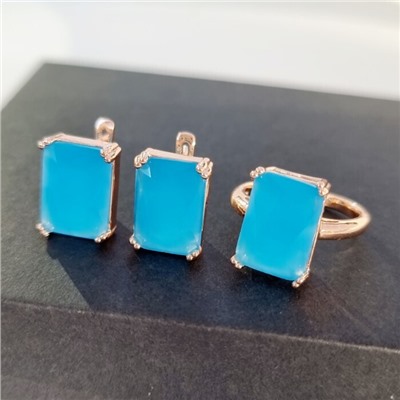 Комплект ювелирная бижутерия коллекция  "Дубай" серьги и кольцо 19 р, покрытие: позолота, вставка: фианиты, цвет: бирюзовый матовый, арт.313.022-19