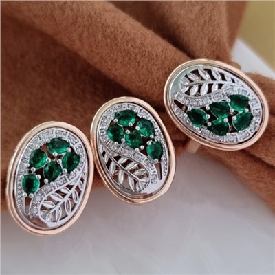 Комплект ювелирной бижутерии Дубайское золото серьги и кольцо, с двойным покрытием позолотой и посеребрением, вставка: фианиты, цвет: зеленый и прозрачный, 20 р, арт.214.767-20