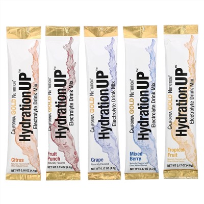 California Gold Nutrition, HydrationUP, смесь для приготовления напитка с электролитами, комбинированный набор из 20 пакетов весом 4,2 г в каждом (0,15 унций)