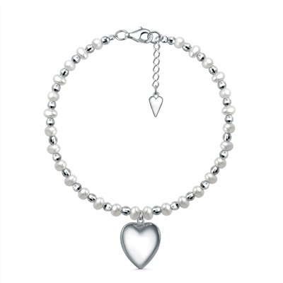 Браслет из серебра с пресноводным культивированным жемчугом родированный - Сердце, 19 см 251-10-293-19р