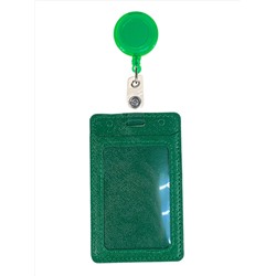 Бейдж с лентой на рулетке вертикальный, цвет зеленый