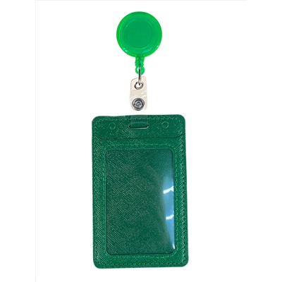 Бейдж с лентой на рулетке вертикальный, цвет зеленый