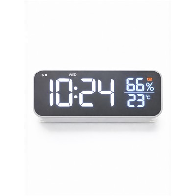 Часы - будильник электронные, настольные, календарь, термометр, гигрометр, 16.8×6.6 см, белые