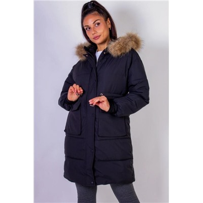 Зимняя удлиненная парка с капюшоном натуральный мех арт.617 (Черный)